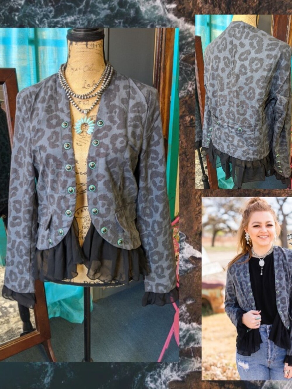 Crazy Train Gray Leopard-Print Blazer with Turquoise-Accent Buttons